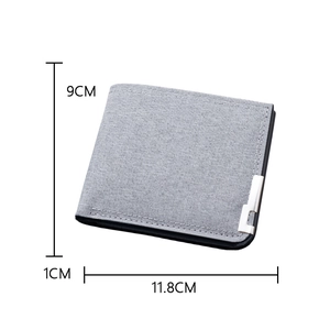 Short bifold grey canvas men wallet with silver corner detail and slim profile