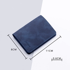 Slim navy blue minimalist card wallet measuring 11x8x0.6cm with suede texture
