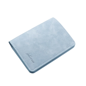 Slim light blue vertical wallet card holder with logo detail and textured finish