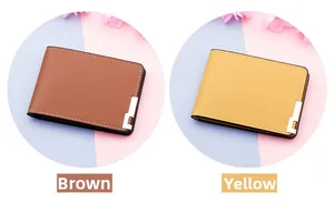 Detail of brown and yellow PU leather driver license holders with white stitching