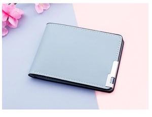 Detailed view of light blue PU leather driver license holder with elegant white stitching