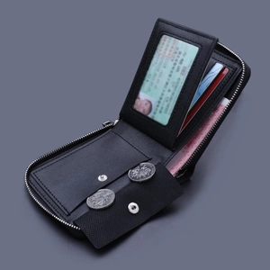 L-shaped zipper canvas wallet for men featuring multiple card slots and a coin pocket