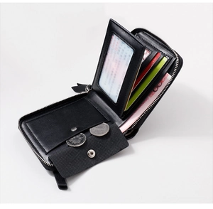 Detail view of black lychee leather men's wallet with multiple card slots and coin pocket
