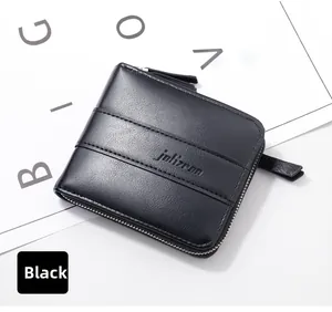 Detailed view of black litchi pattern leather wallet with L-shaped zipper and logo