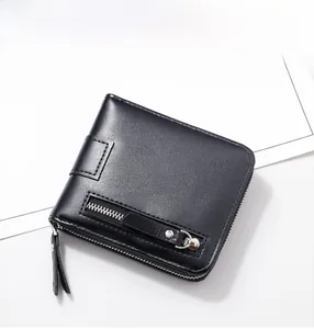 Close-up of black leather wallet with secure metal zipper closure and stylish decorative zip