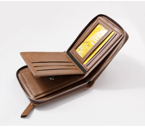 Detailed interior of a men's brown zip wallet showing multi-card slots and coin pocket