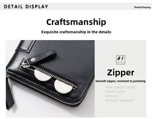 Close-up of black lychee grain leather wallet featuring a smooth zipper coin pocket