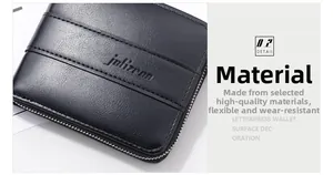 Close-up of black leather wallet with lychee grain texture and metal zipper detail