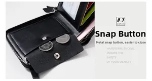 Detail view of men's leather wallet interior with metal snap button and card slots