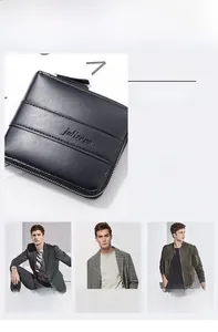Close-up of black leather wallet with metallic zipper and embossed Jolizeon logo detail