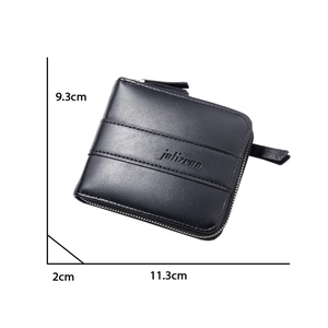 Men's compact bifold zipper wallet in black leather with horizontal stitching detail