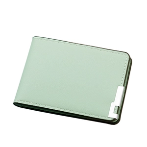 Mint green leather driver's license cover with slim bifold design and silver metal trim