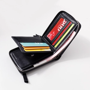 Men's bifold leather wallet with zipper closure and multiple card slots in black finish