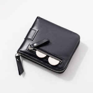 Men's short zipper wallet with lychee leather texture and functional front coin pocket