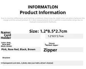 Detailed specs of compact zipper card holder with 12 slots and 2 photo windows