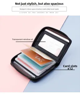 Black lychee leather card holder with 14 slots and secure zipper open design