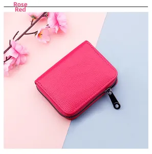 Rose red card holder with 14 slots and high-quality lychee grain leather texture