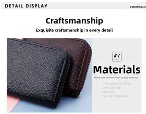 Detail of high-quality smooth metal zippers and lychee grain leather on zip wallets