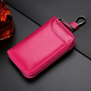 Funda para llaves de coche en cuero genuino magenta con cremallera y gancho metal