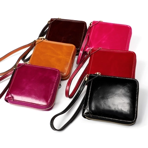 Portefeuille en Cuir Véritable pour Femmes Blocage RFID Porte-monnaie en Cuir de Vachette à la Cire d'Huile Avec Dragonne Court