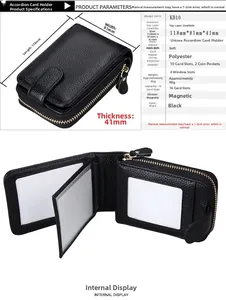 Detailed view of genuine leather accordion card holder KB10 with 16 slots and snaps