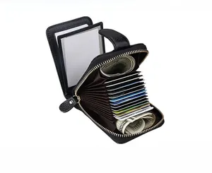 Detailed internal view of black leather accordion wallet with multiple card slots and cash pocket