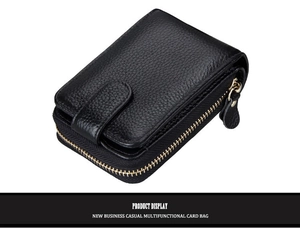 Close-up of black lychee grain leather multi-functional card wallet with zipper