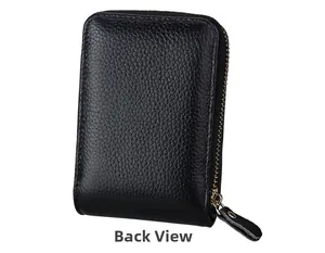 Back view of black pebble grain leather card holder with secure wrap-around zipper