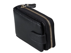 Detail view of black litchi texture leather wallet with gold zipper and snap closure