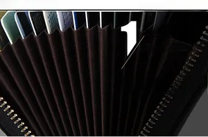 Close-up of leather card holder featuring accordion-style slots and secure metal zipper