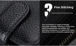 Close-up of fine stitching and flexible top grain leather texture on a black card wallet