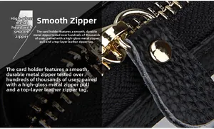 Macro detail of high-shine gold hardware zipper and genuine leather pull on black card holder