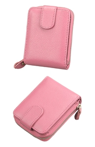 Macro view of pink lychee grain leather zip card holder with snap button compartment