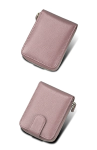 Front and back view of rose pink pebbled leather card holder with secure metal zipper