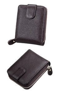Detail of dark coffee litchi grain leather wallet with gold zipper and snap closure