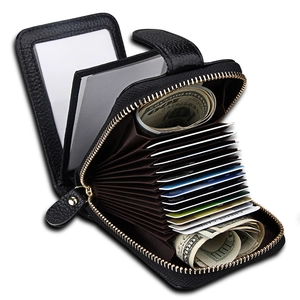 RFID Blocking Genuine Leather Card Holder Wallet Litchi Grain Accordion Case Large Capacity Zippered Multi-functional