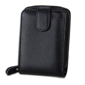 Men's black genuine leather zipper card holder wallet with RFID blocking and pebble grain texture