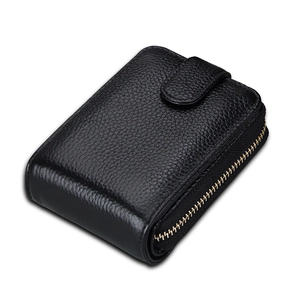 Men's RFID blocking black leather card holder wallet with zipper and snap button closure