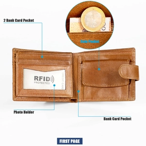 Λεπτομερής προβολή του δερμάτινου RFID ανδρικού πορτοφολιού με θήκη για κέρματα και κάρτες