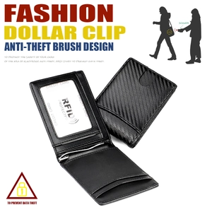 Detail of carbon fiber wallet showing metal money clip and RFID blocking card slots