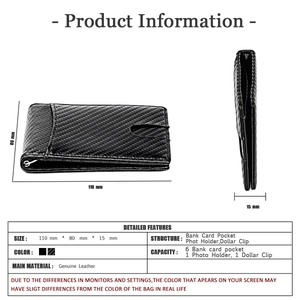 Front pocket RFID leather wallet with carbon fiber texture and metal money clip detail