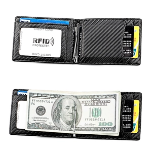Detailed macro view of carbon fiber wallet with metal money clip and RFID blocking slots