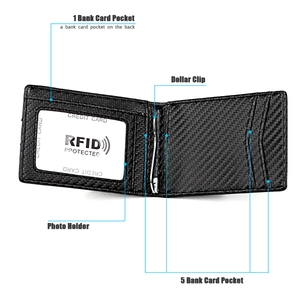 Detailed view of carbon fiber RFID wallet featuring 6 card slots and metal money clip