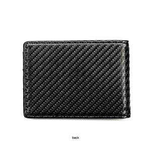 Detail view of the black carbon fiber texture on the back of this leather wallet for men