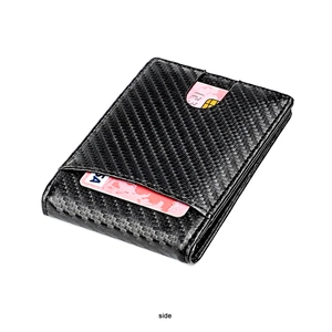 Close-up of carbon fiber texture slim wallet with RFID blocking side card slots