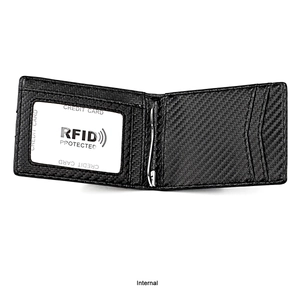 Detail view of carbon fiber wallet with RFID protection, money clip, and card slots
