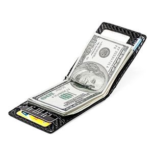 Detailed view of carbon fiber wallet with RFID protection and stainless steel money clip