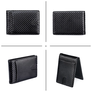 Detail of slim carbon fiber wallet for men featuring RFID protection and external card slot