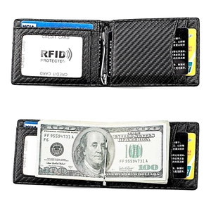 Detail of RFID carbon fiber men's wallet showing card slots and metal money clip