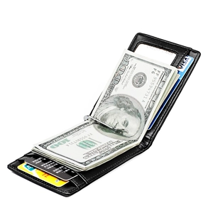 Close-up of carbon fiber leather wallet with metal money clip and RFID card slots